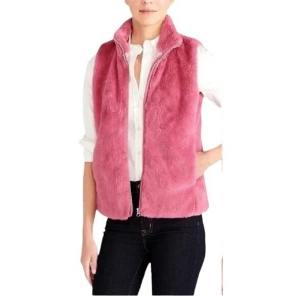 J.Crew Faux Fur Sleeveless Vest Pockets Zip Up Closure Lined Small Guava Berry - Picture 1 of 16
